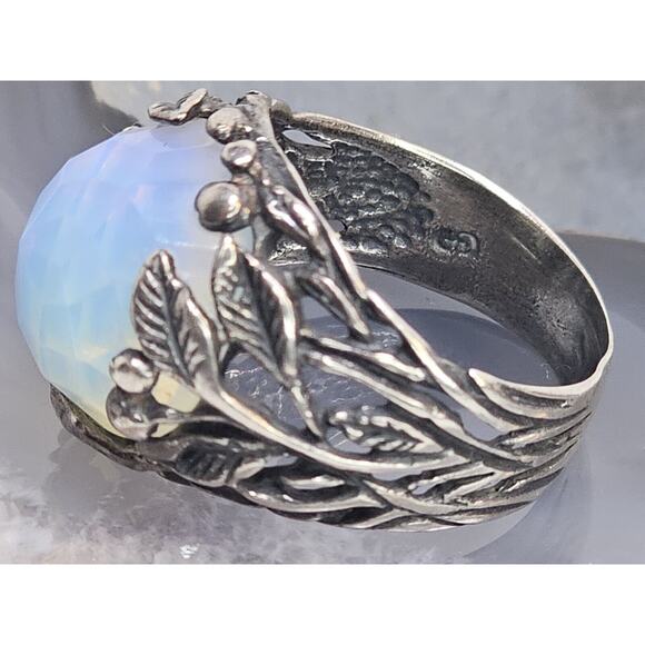 925 Sterling Silver Round Iridescent Stone & Leaf Design Ring SZ 8 - Picture 11 of 11